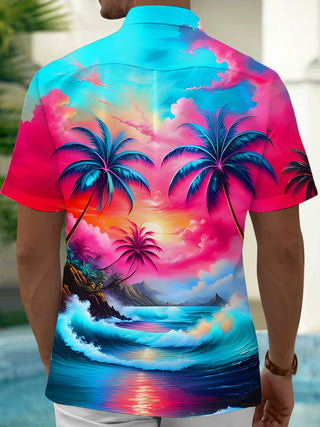 Men's coastal tropical palm tree print short sleeve shirt side view