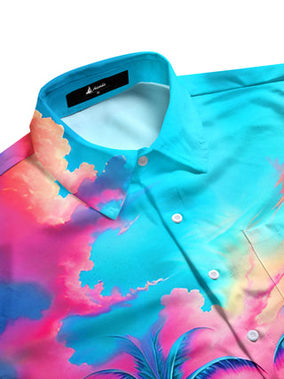Men's coconut palm print short sleeve shirt flat lay pattern detail