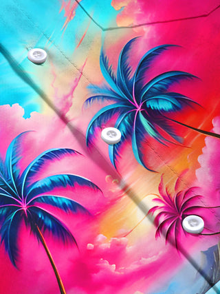 Men's palm tree print short sleeve shirt close-up fabric detail