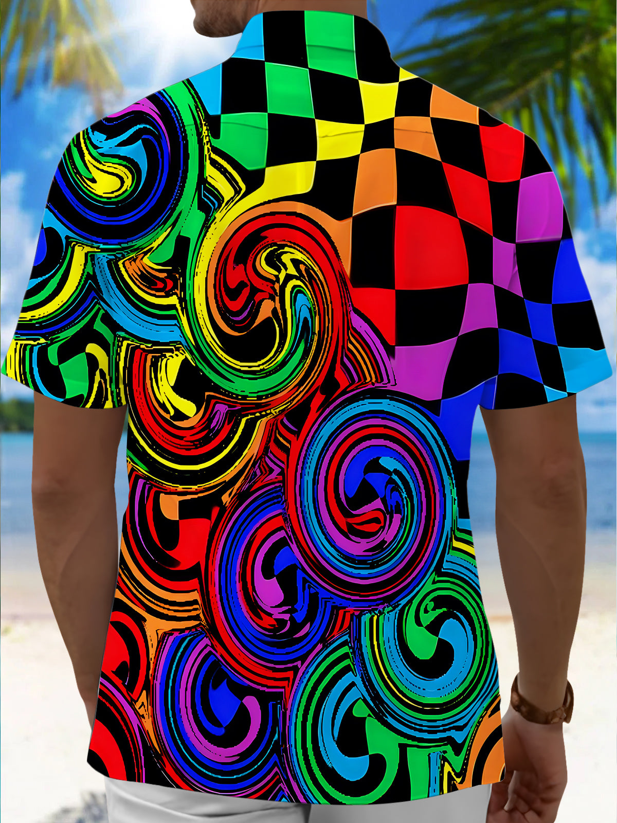 Hawaiian Rainbow Swirl Lattice Geometry Men's Pocket Short Sleeve Shirts