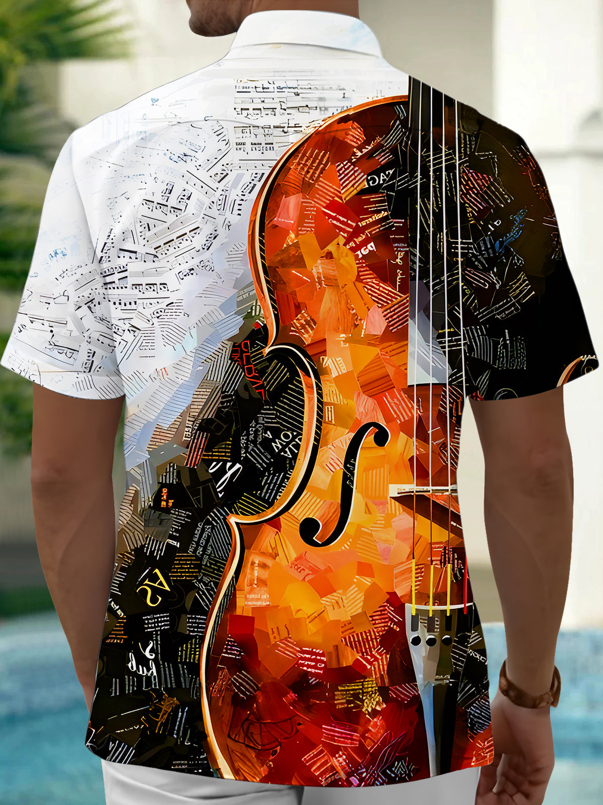Gradient Colorblock Music Notes Violin Men's Pocket Short Sleeve Shirts
