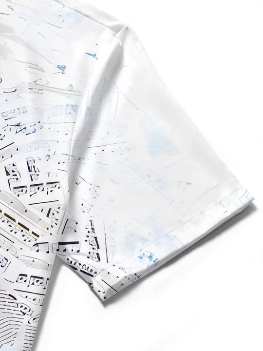 Men's gradient colorblock music notes violin pocket short sleeve shirt close-up detail