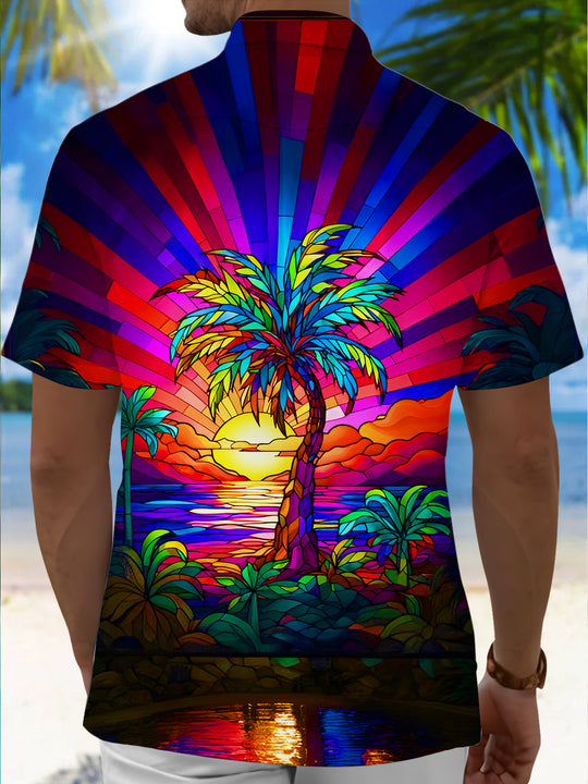Men's Hawaiian coconut tree sunset print pocket short sleeve shirt back view
