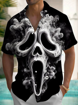 Men ghost print pocket short sleeve shirt front view Halloween costume