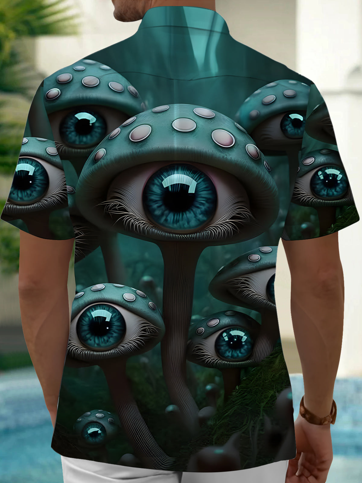 Mushroom Eye Print Men's Pocket Short Sleeve Shirts