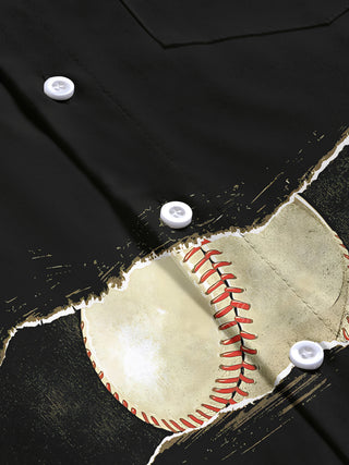 men's baseball print shirt close-up short sleeve