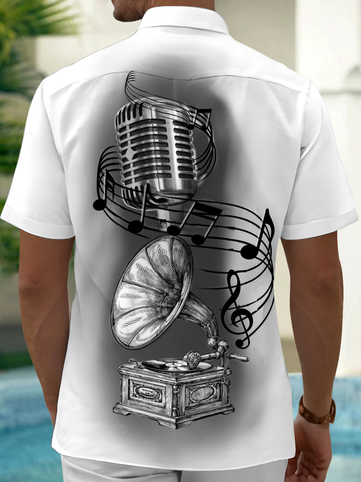 Gramophone Microphone Note Print Men's Pocket Short Sleeve Shirts