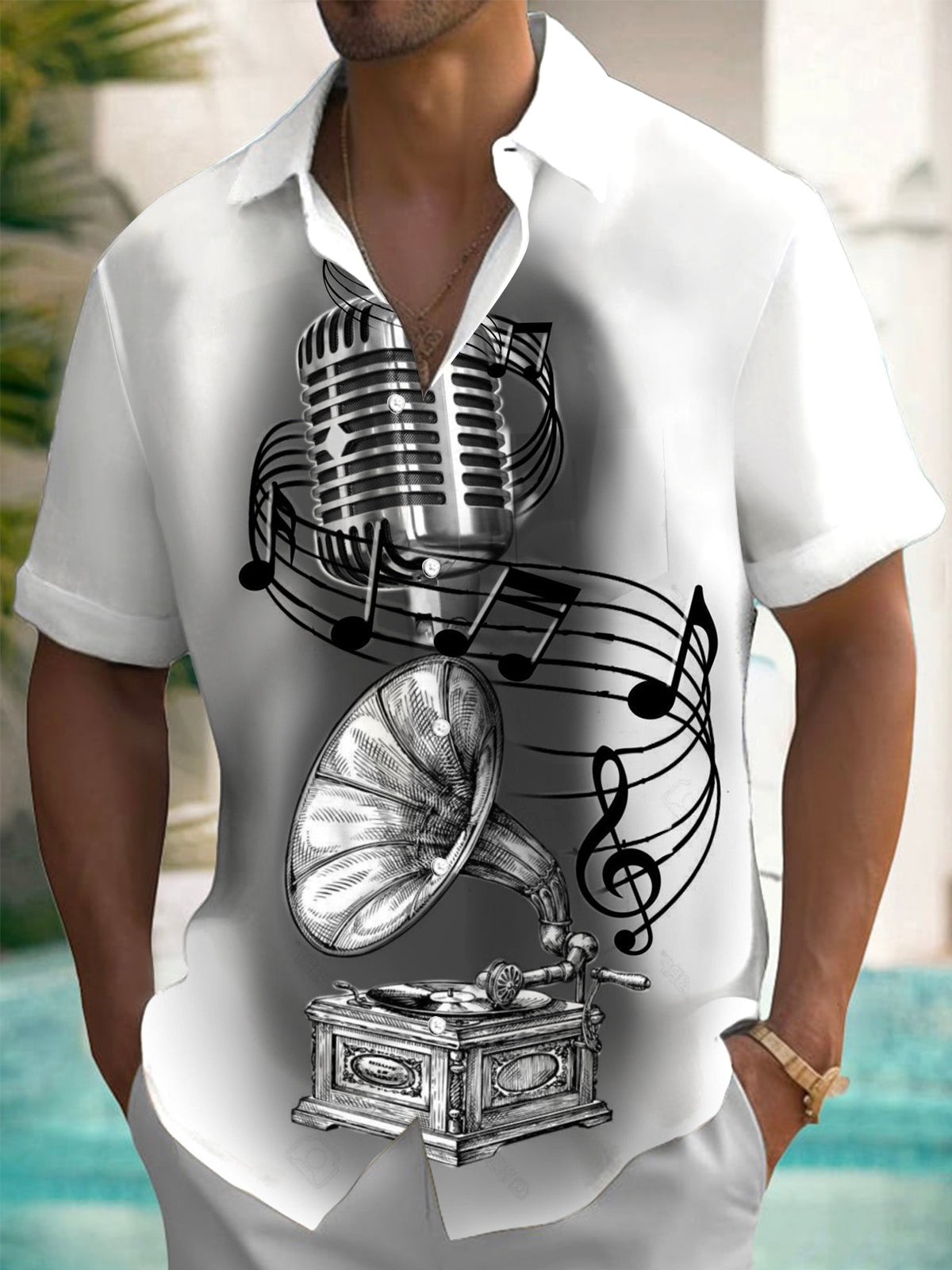 Gramophone Microphone Note Print Men's Pocket Short Sleeve Shirts