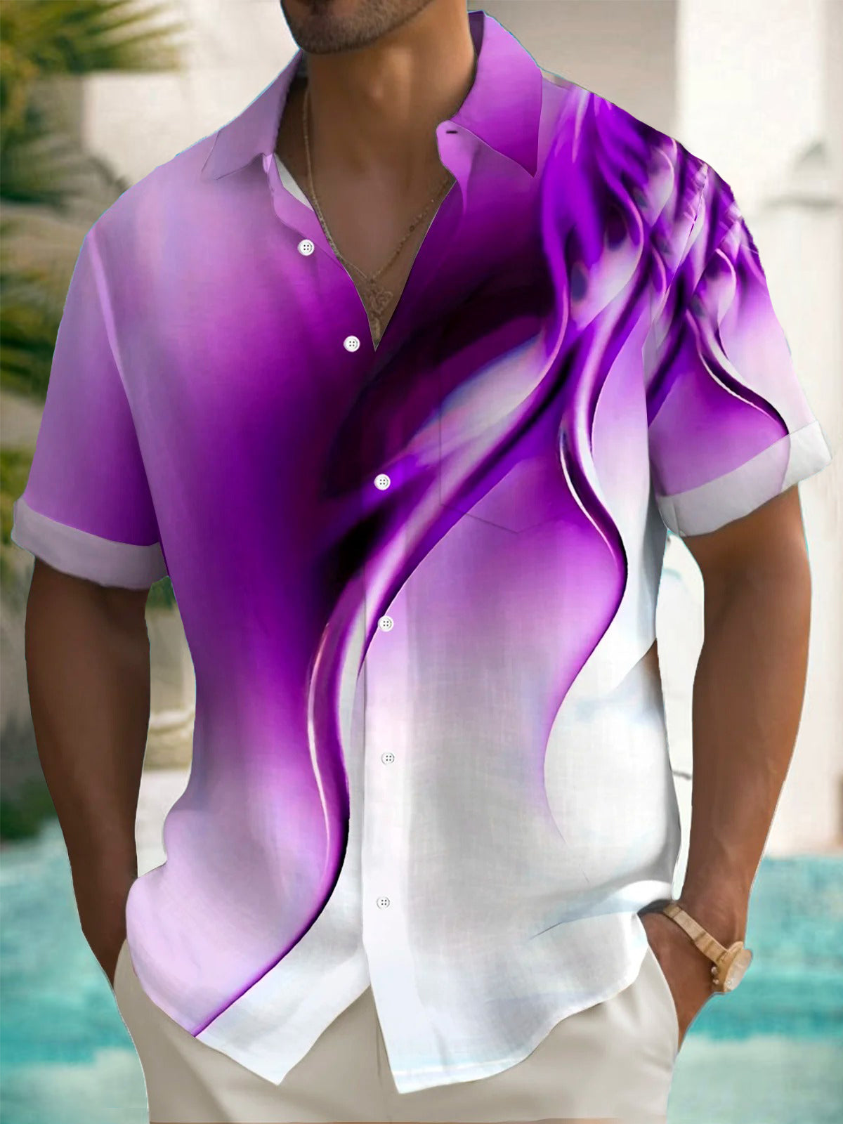 Purple Gradient Print Men's Pocket Short Sleeve Shirts