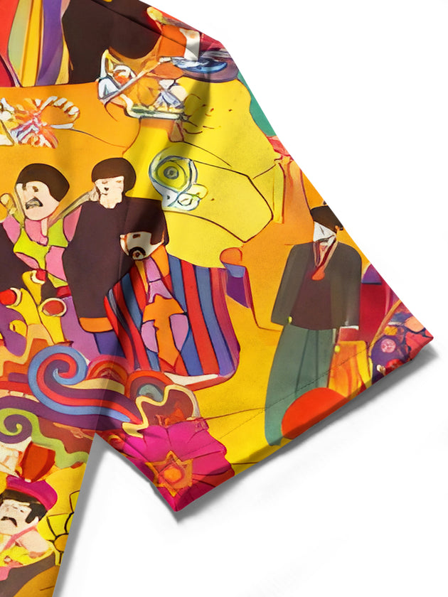 Men's short sleeve shirt close-up detail of music print pocket design