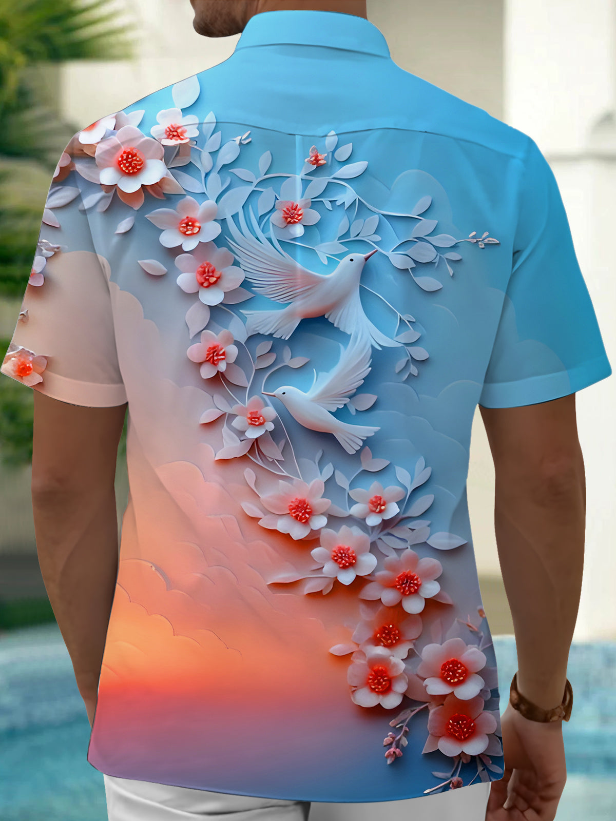 Gradient Flowers Birds Men's Pocket Short Sleeve Shirts