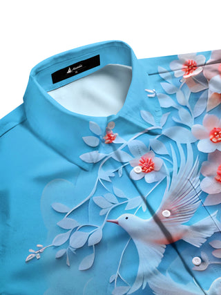 Men's multicolor floral gradient birds short sleeve shirt flat lay pattern detail