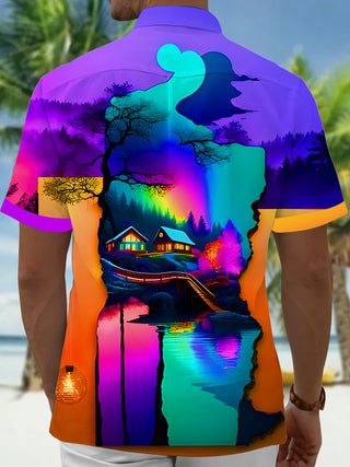 men's artistic rainbow lake view short sleeve shirt back view