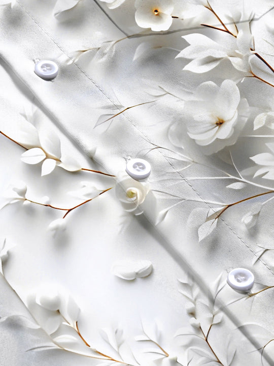 Men's blue floral short sleeve shirt close-up detail view