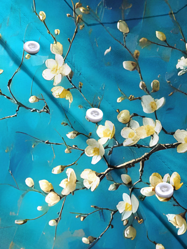 Men's floral short sleeve shirt close-up detail view