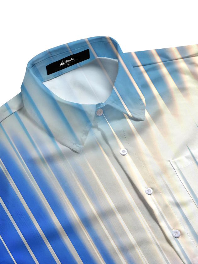 Men's tie dye short sleeve shirt side view with geometric pocket detail