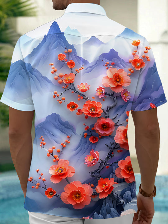 Men's side view floral botanical half sleeve pocket shirt