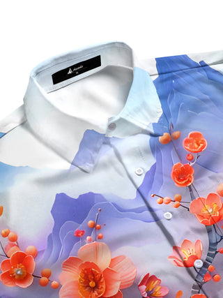 Men's floral landscape pattern short sleeve shirt flat lay