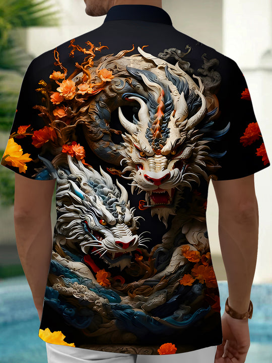 Men's dragon floral print short sleeve shirt back view