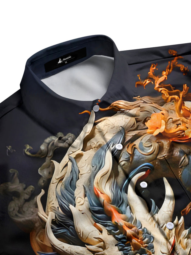 Men's short sleeve shirt with dragon and floral print, side view