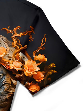 Men's dragon floral motif short sleeve shirt, close-up detail