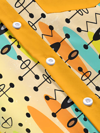 Men's multicolor geometry print pocket short sleeve shirt fabric texture detail