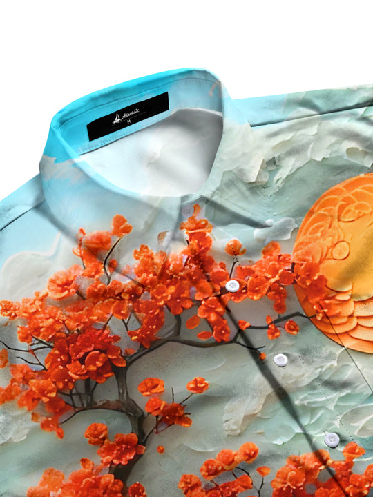 Men's floral print short sleeve shirt flat lay pattern detail