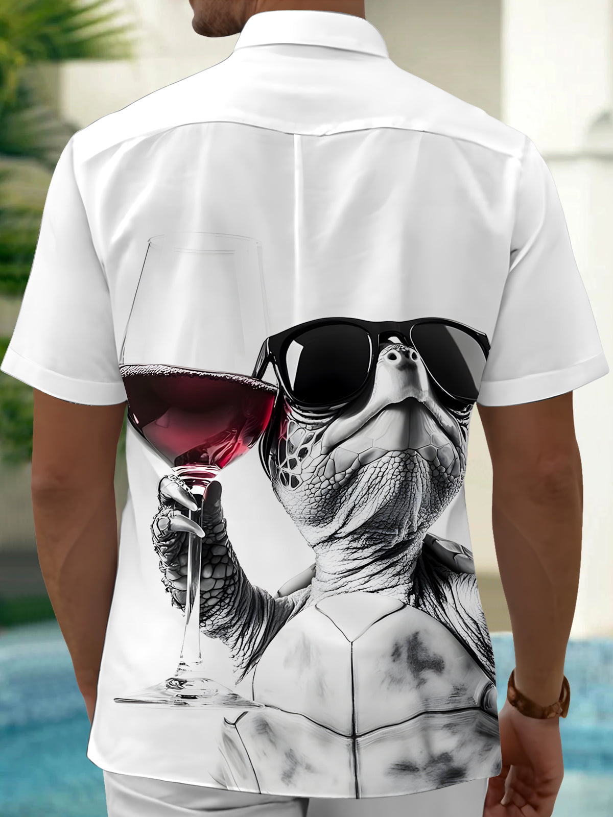 Turtle Red Wine Print Men's Pocket Short Sleeve Shirts