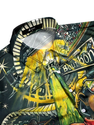 men's guitar print shirt side view