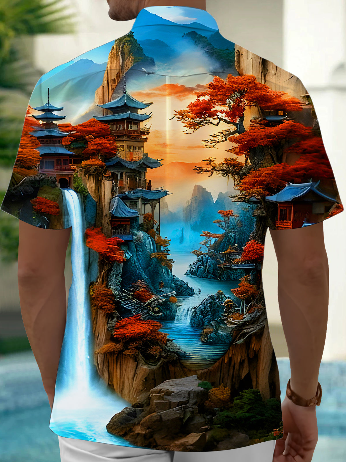Floral Landscape Courtyard Men's Pocket Short Sleeve Shirts