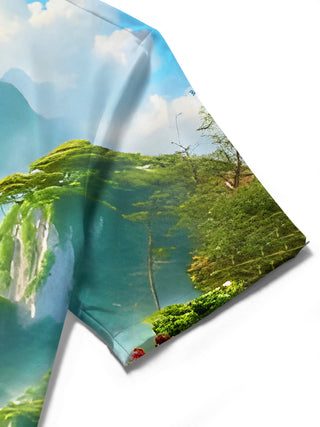 Men's boat landscape printed short sleeve shirt close-up pocket stitching detail