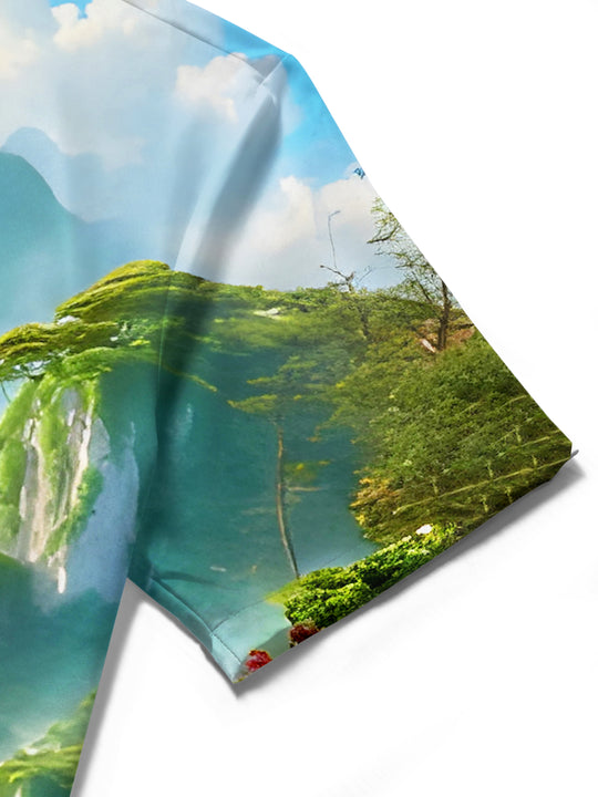 Men's boat landscape printed short sleeve shirt close-up pocket stitching detail