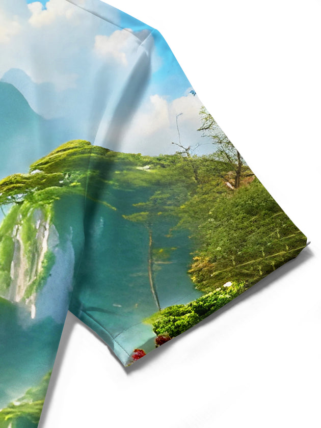 Men's boat landscape printed short sleeve shirt close-up pocket stitching detail