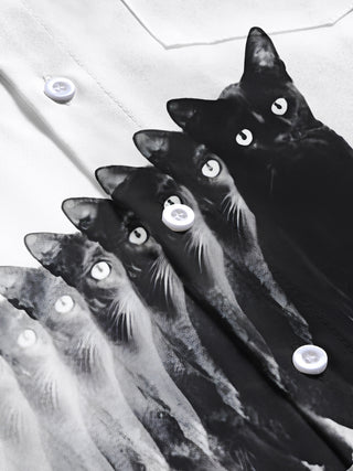 Men's gradient cat print pocket short sleeve shirt close-up detail view