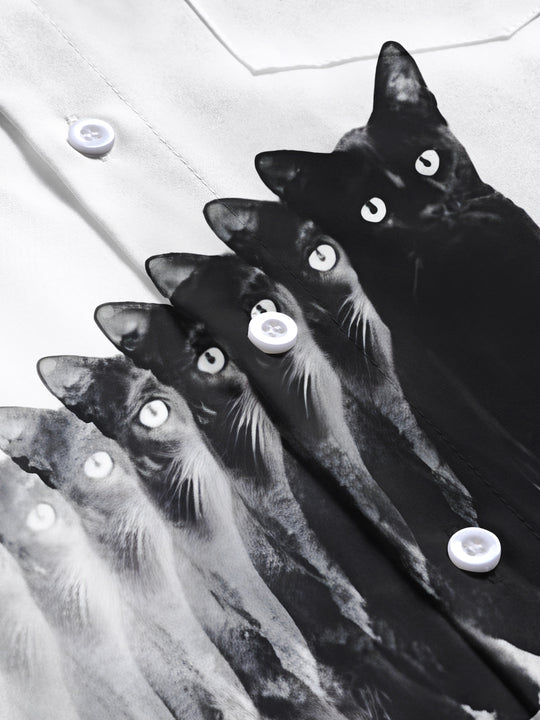 Men's gradient cat print pocket short sleeve shirt close-up detail view