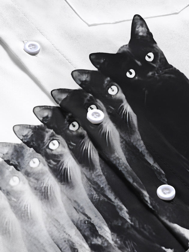 Men's gradient cat print pocket short sleeve shirt close-up detail view