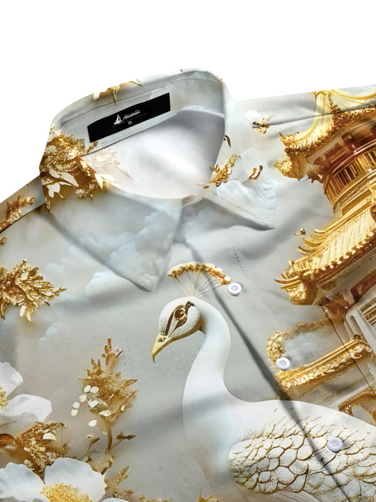 men's peacock print short sleeve flat lay shirt