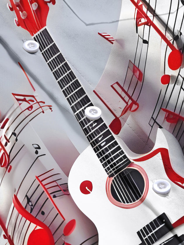 Men's guitar musical note print short sleeve pocket shirt close-up detail stitching