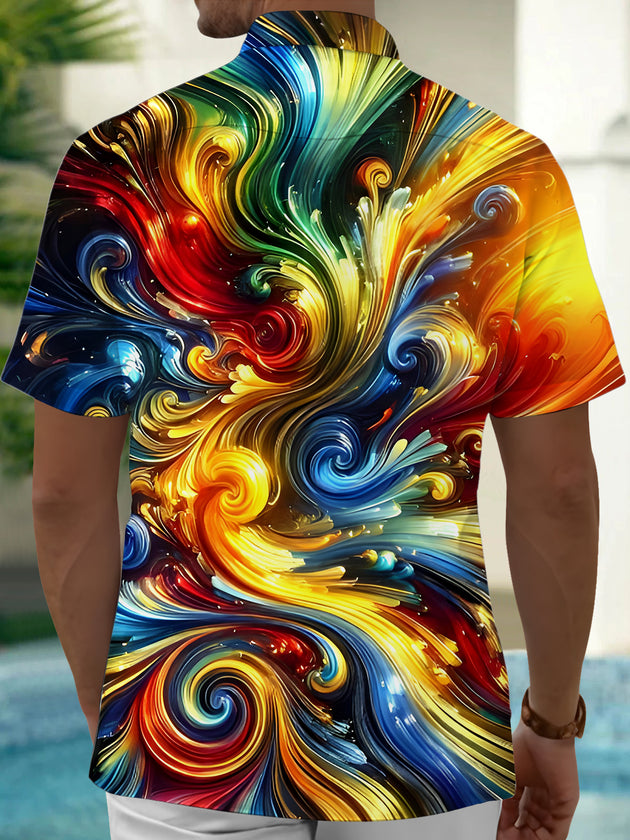 Men's tie dye geometric abstract print short sleeve shirt side angle view