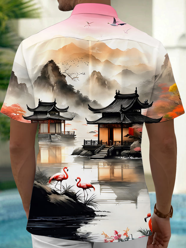 Men's short sleeve shirt with flamingo landscape print, back view