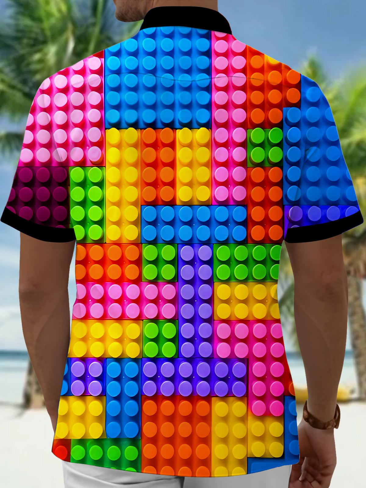 Rainbow Geometric Color Blocks Men's Pocket Short Sleeve Shirts