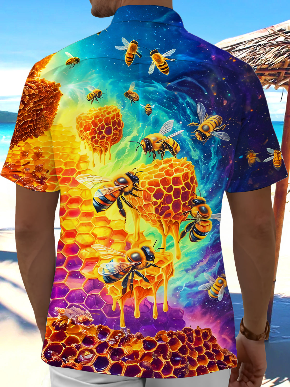 Psychedelic Colorful Bee Men's Pocket Short Sleeve Shirts