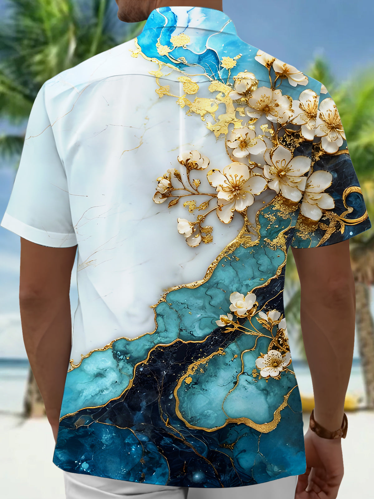 Gilded Floral Art Marble Texture Men's Pocket Short Sleeve Shirts
