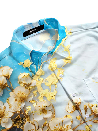 Men's short sleeve floral shirt side view with botanical print and marble texture
