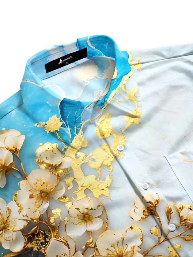 Men's short sleeve floral shirt side view with botanical print and marble texture