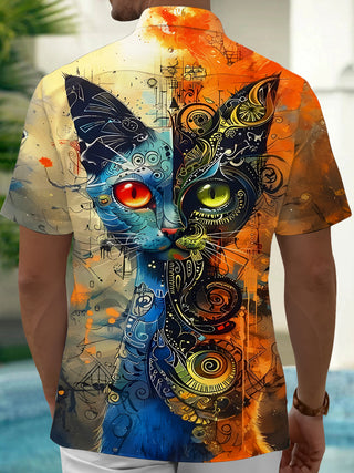 Men's cat music notes piano print short sleeve shirt back view