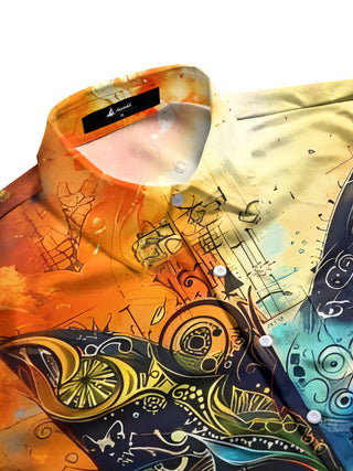 Men's short sleeve shirt with music note piano print, side view