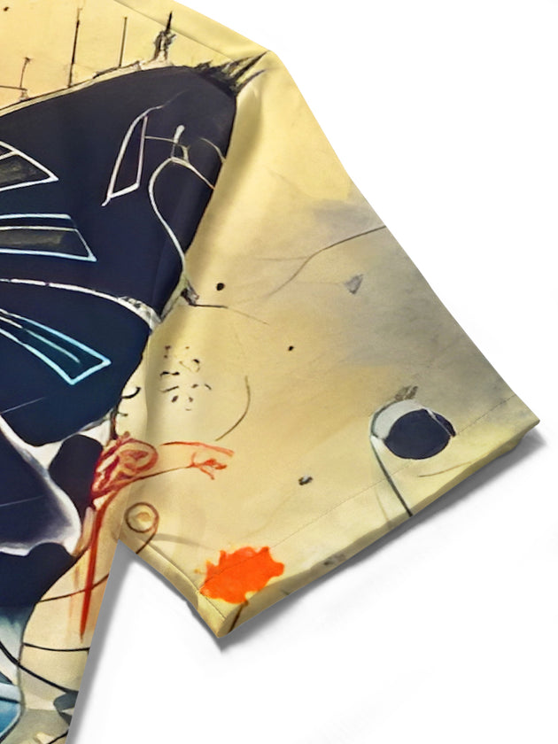 Men's short sleeve shirt with cat music notes piano print, close-up detail view