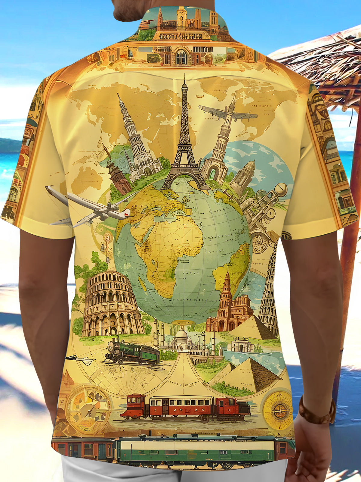 Retro Travel World Map Men's Pocket Short Sleeve Shirts