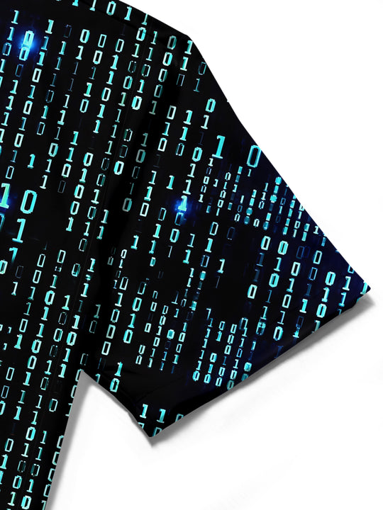 Men's short sleeve shirt with digital code print worn in casual lifestyle setting